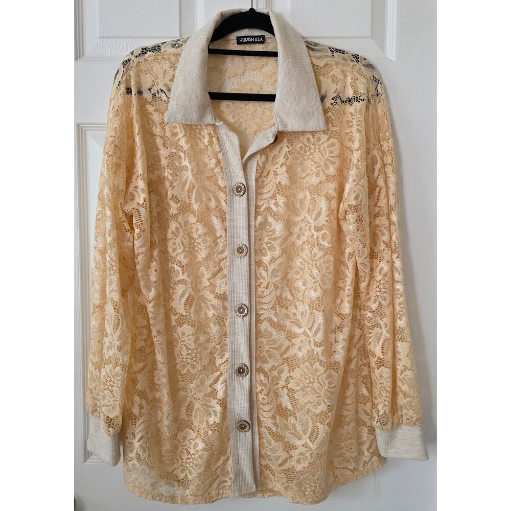 Heimish USA Lace Long-sleeved Button Up Blouse Women's Large - Picture 1 of 6